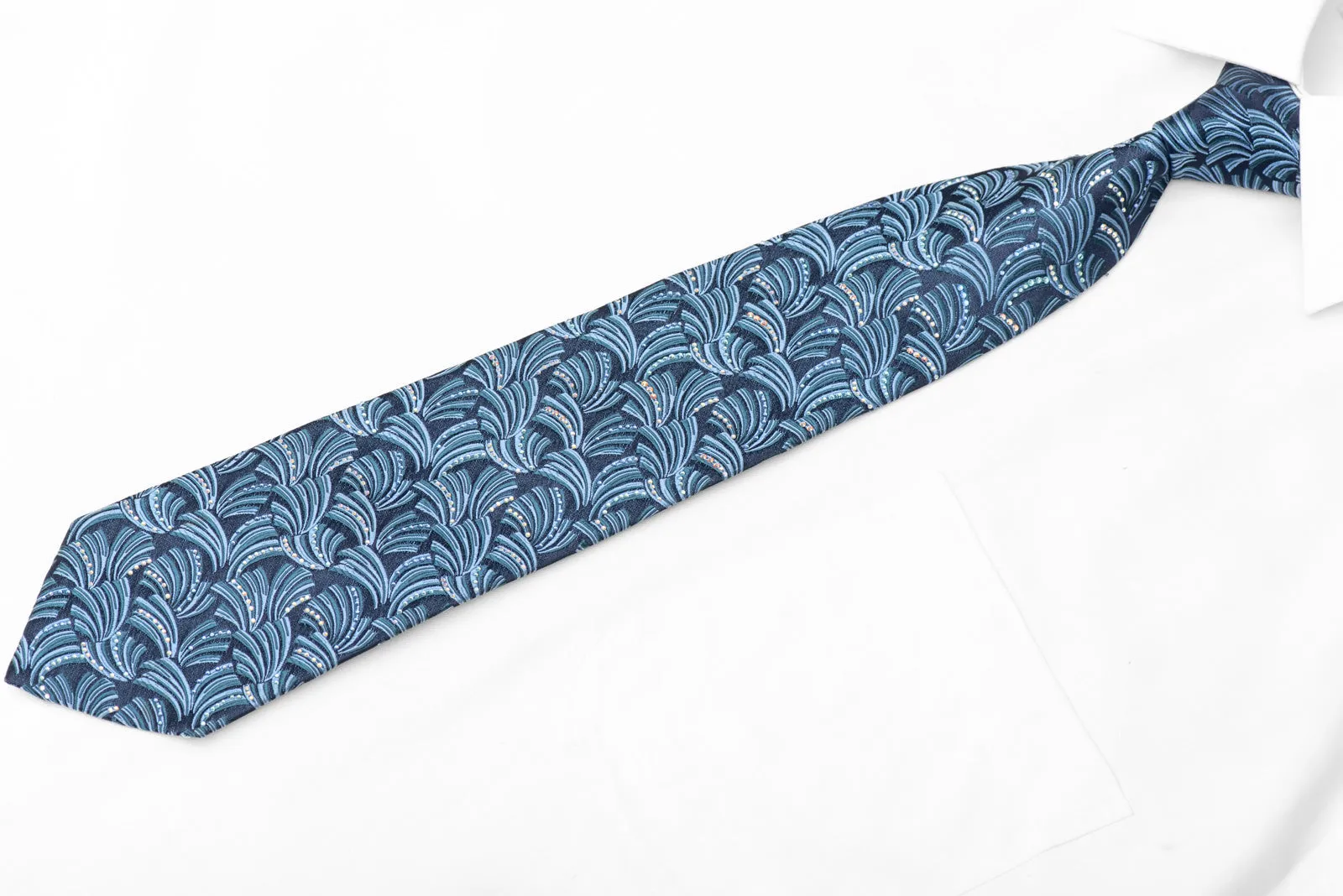 Geometric Fans On Blue Rhinestone Silk Necktie