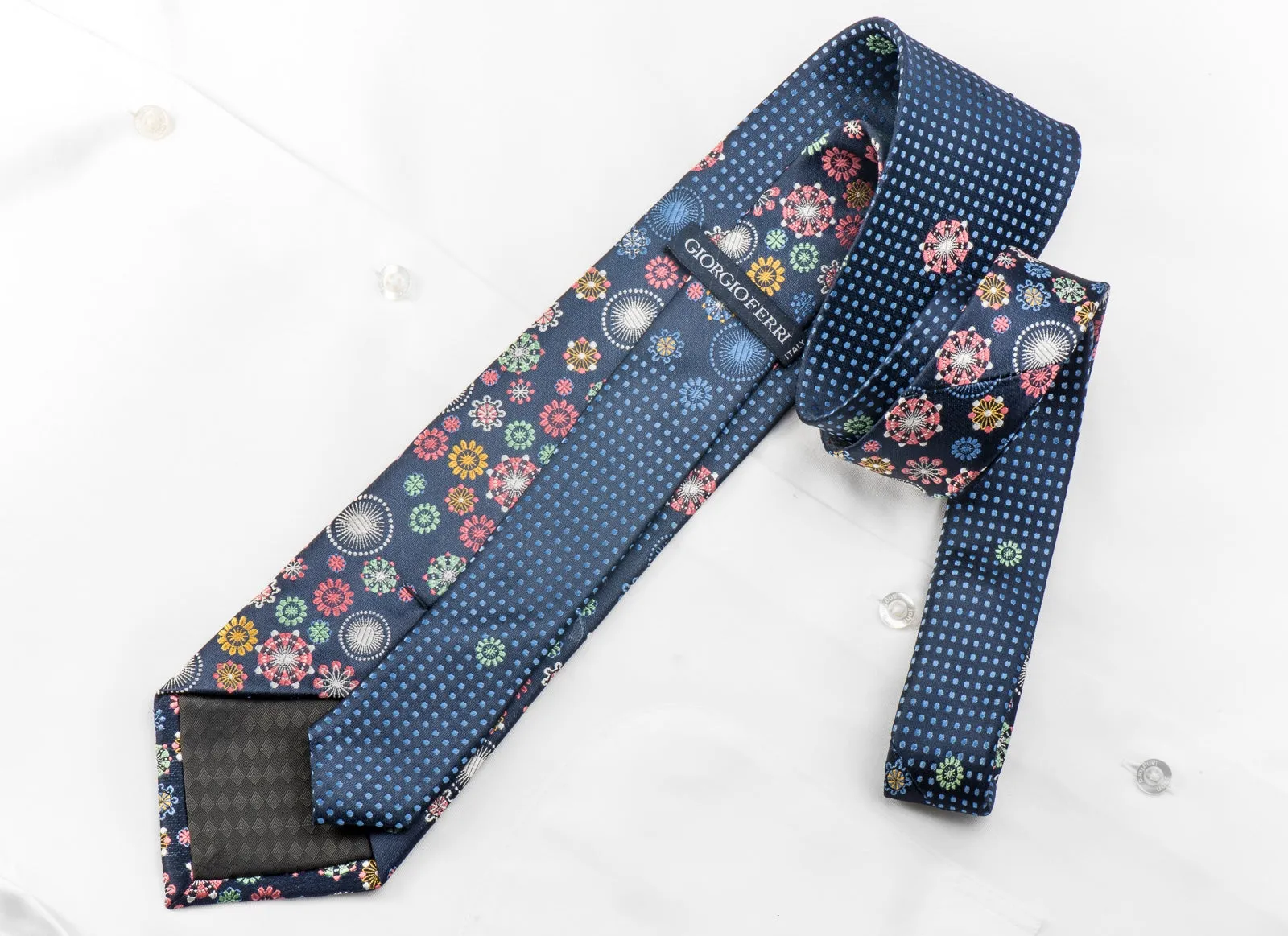 Giorgio Ferri Men's Silk Tie Geometric Floral On Blue Sparkling With Crystal Rhinestones