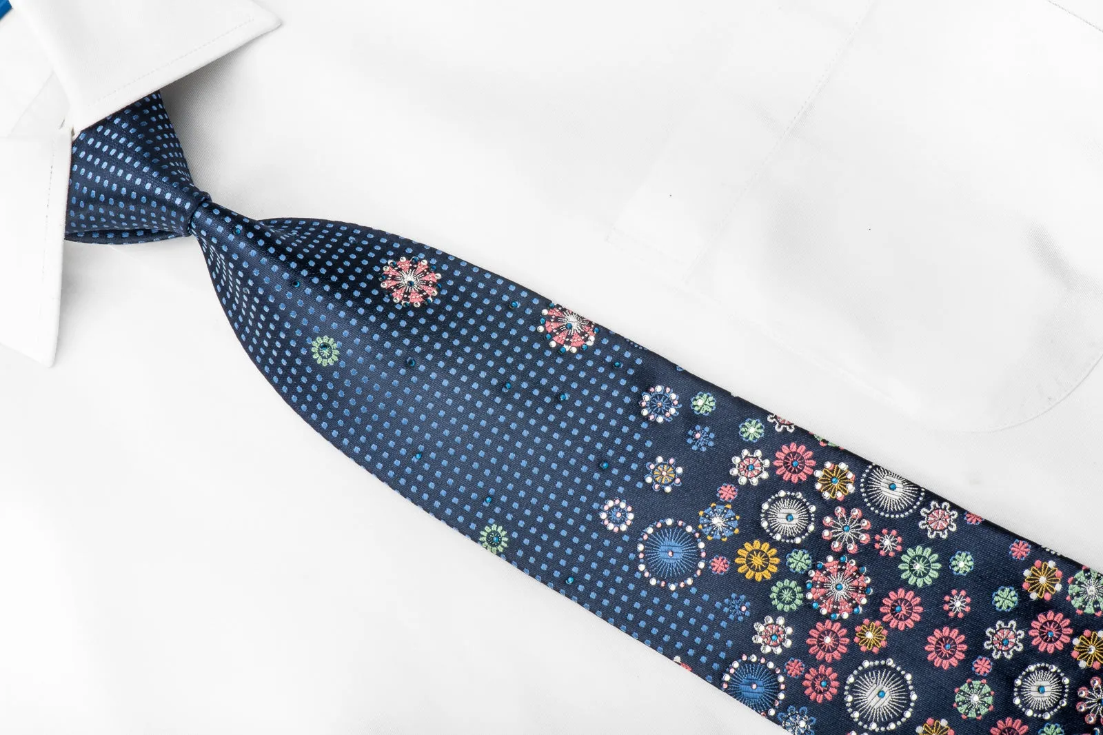 Giorgio Ferri Men's Silk Tie Geometric Floral On Blue Sparkling With Crystal Rhinestones