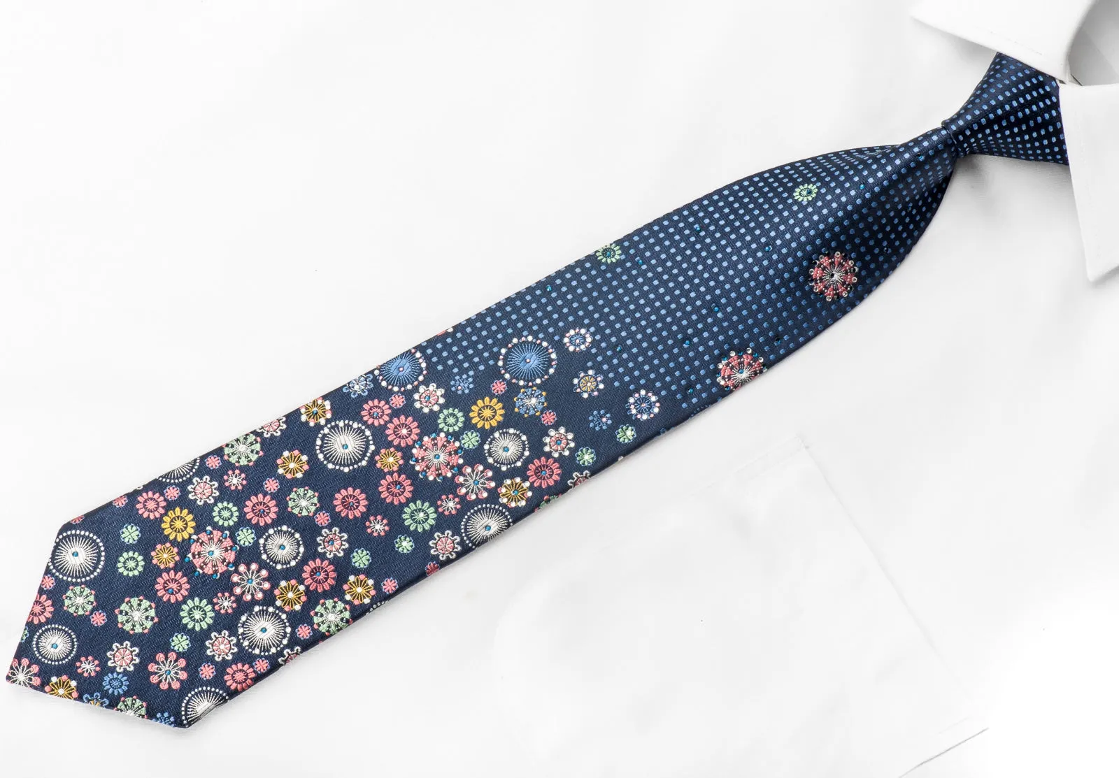 Giorgio Ferri Men's Silk Tie Geometric Floral On Blue Sparkling With Crystal Rhinestones