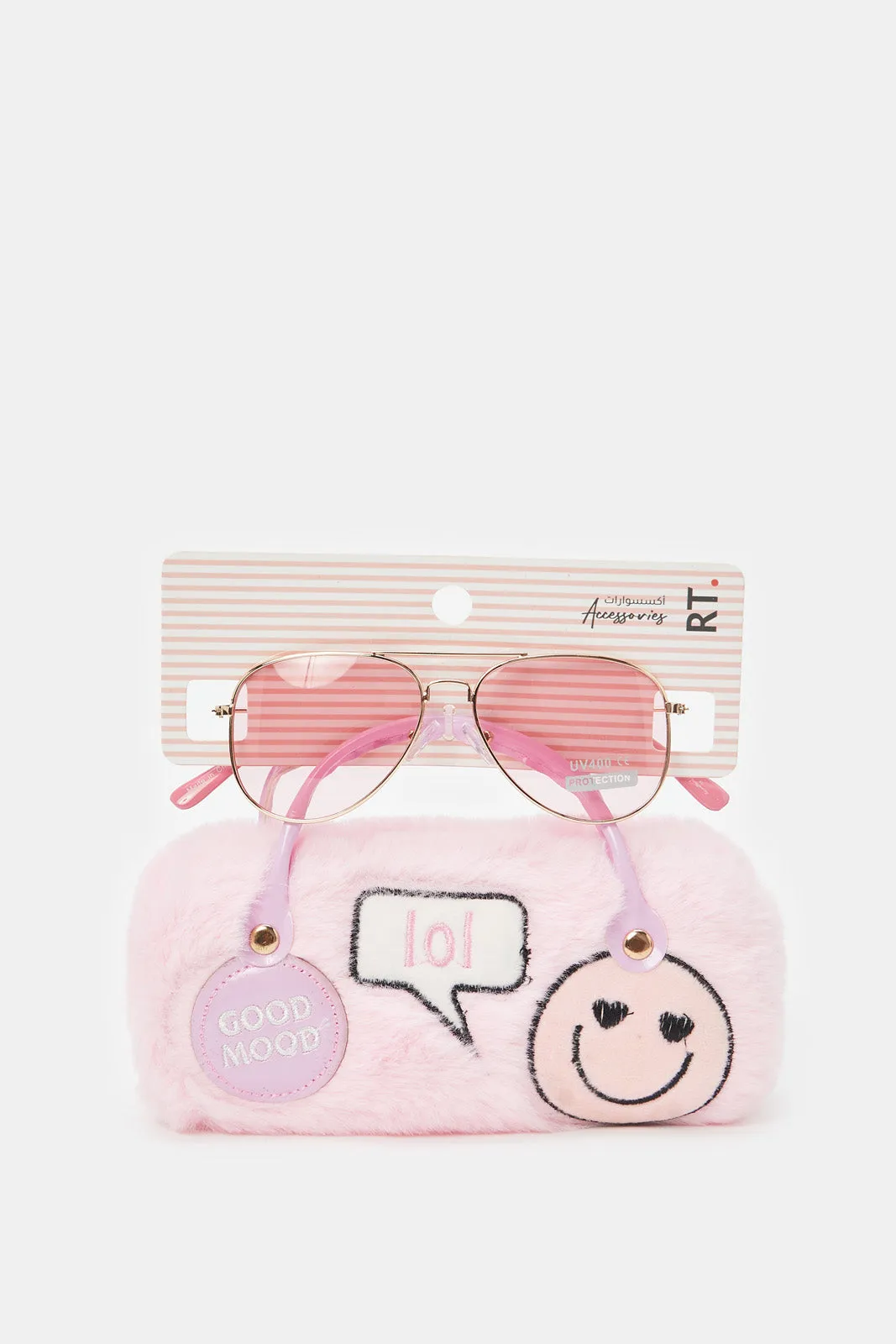 Girls Pink Aviator Sunglasses With Embellished Case (2 Piece)