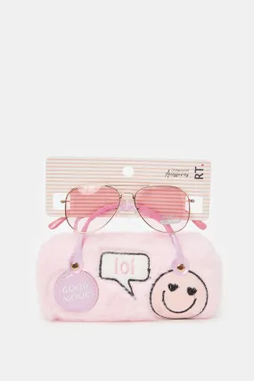 Girls Pink Aviator Sunglasses With Embellished Case (2 Piece)