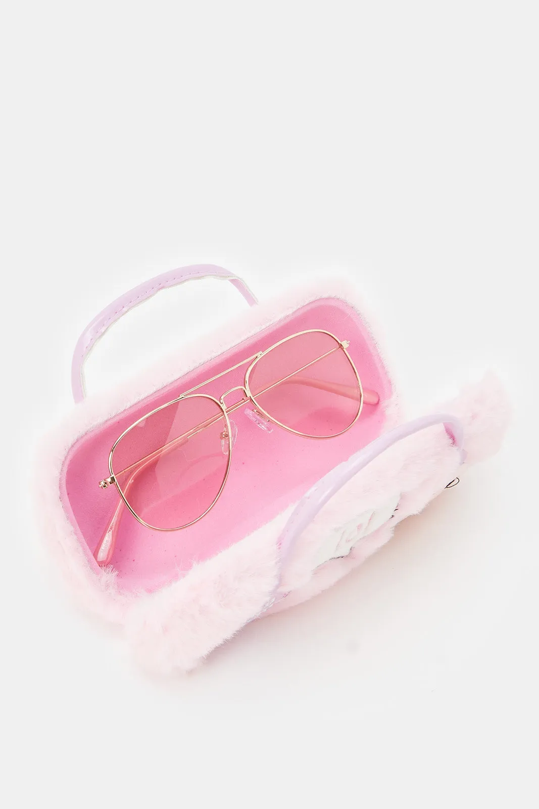 Girls Pink Aviator Sunglasses With Embellished Case (2 Piece)