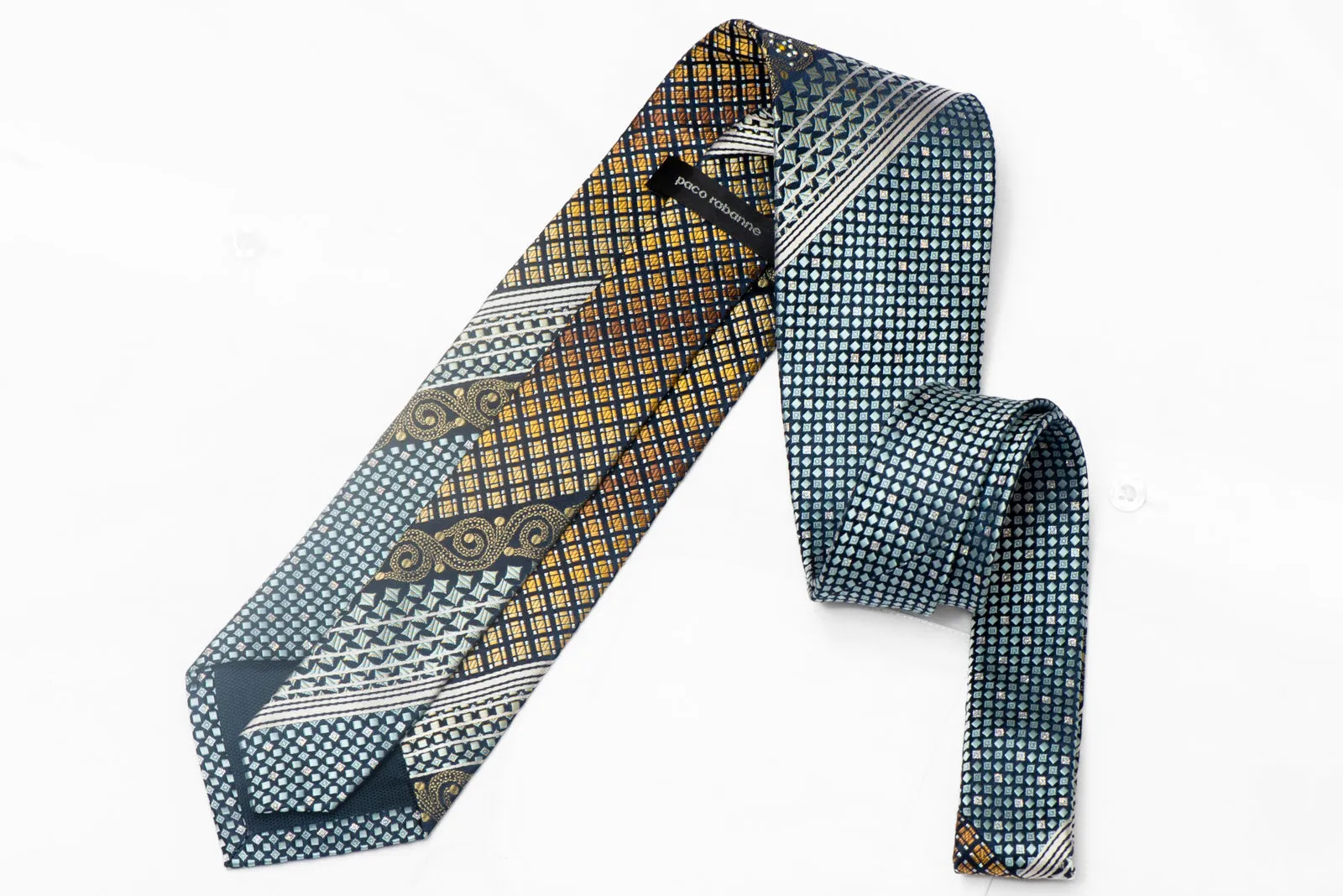 Gold Silver Geometric & Stripped On Navy Rhinestone Silk Tie With Sparkles