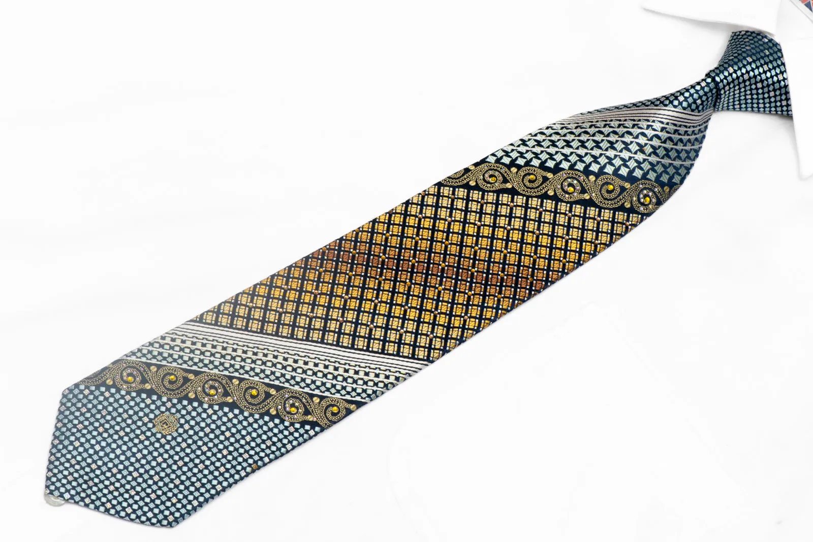 Gold Silver Geometric & Stripped On Navy Rhinestone Silk Tie With Sparkles