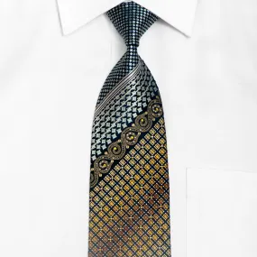 Gold Silver Geometric & Stripped On Navy Rhinestone Silk Tie With Sparkles