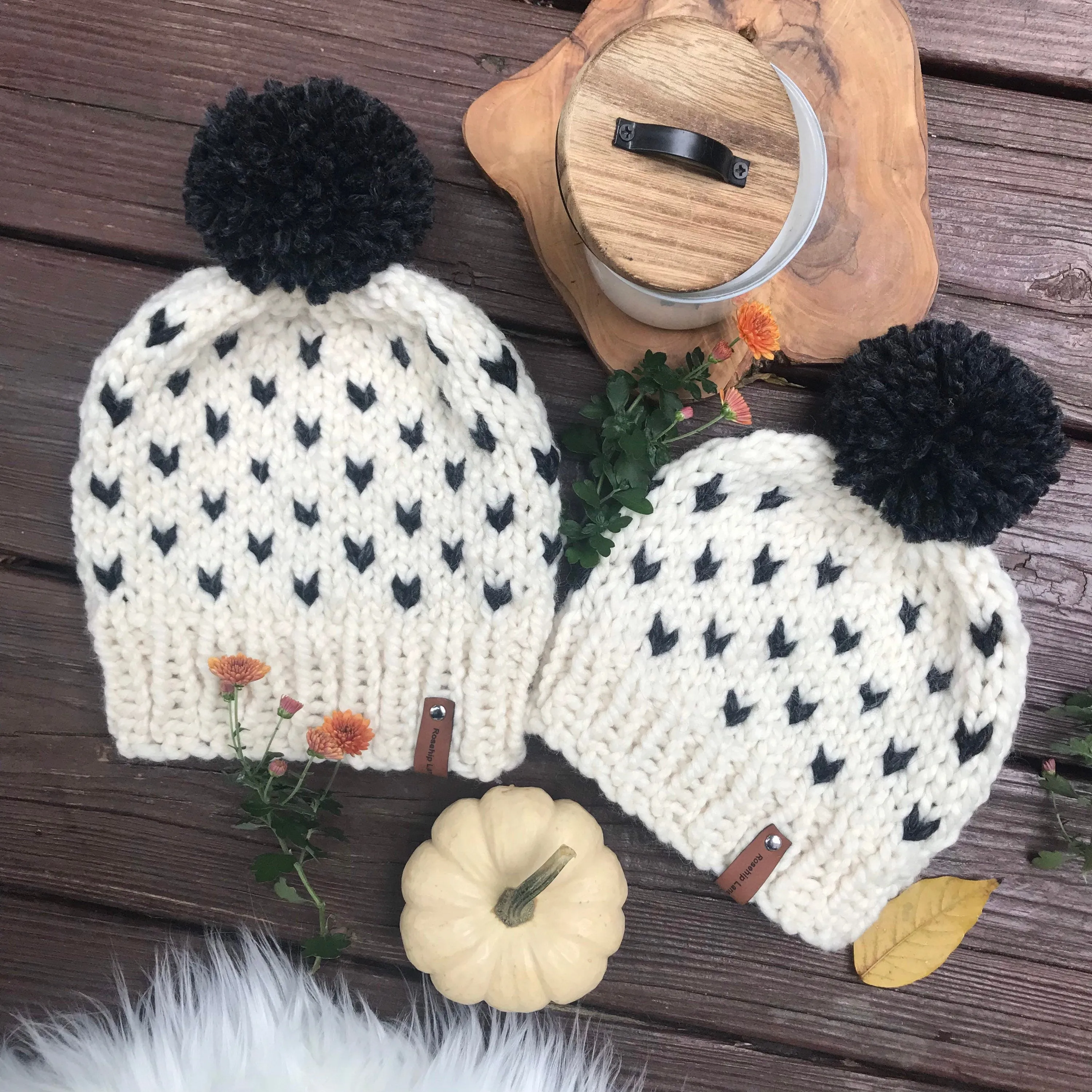 Handmade Knitted Women's Kids Mommy & Me Chunky Classic Heart Print Fair Isle Pom Pom Beanie Hat Cap Ivory Black