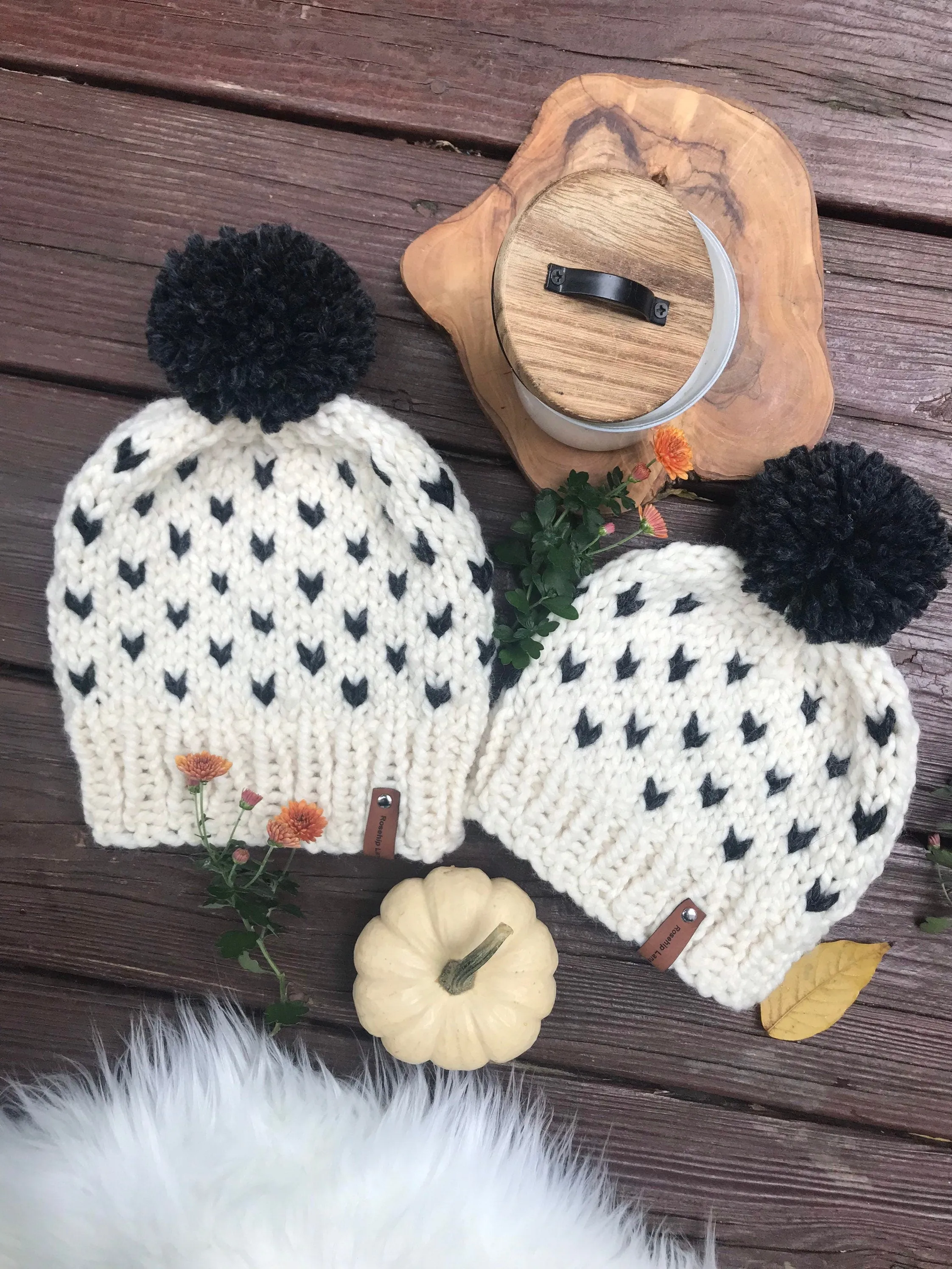 Handmade Knitted Women's Kids Mommy & Me Chunky Classic Heart Print Fair Isle Pom Pom Beanie Hat Cap Ivory Black