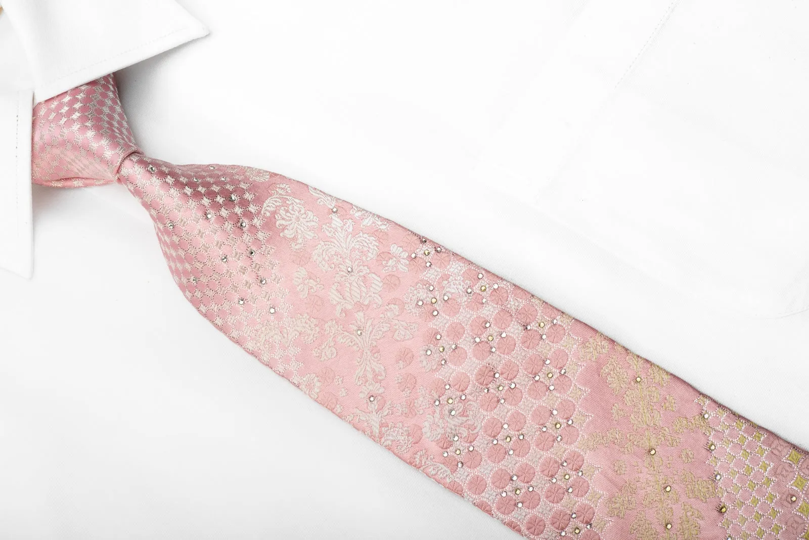 Indian Homme Men's Crystal Rhinestone Tie Yellow Geometric Acanthus On Pink Silk With Silver Sparkles