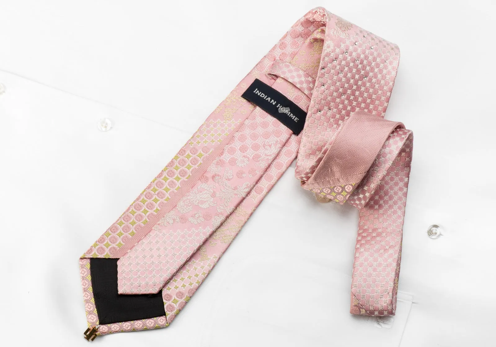 Indian Homme Men's Crystal Rhinestone Tie Yellow Geometric Acanthus On Pink Silk With Silver Sparkles