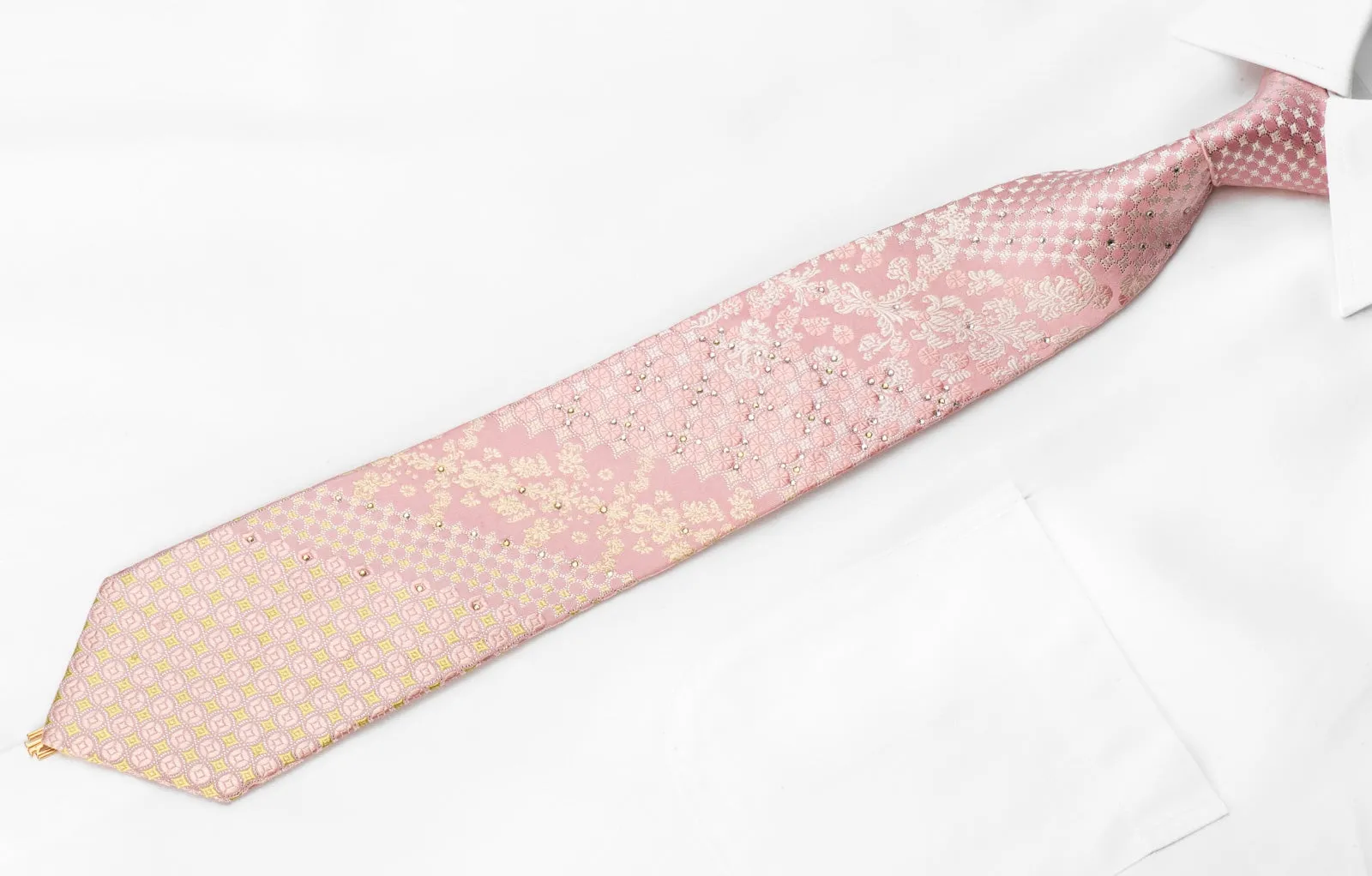 Indian Homme Men's Crystal Rhinestone Tie Yellow Geometric Acanthus On Pink Silk With Silver Sparkles