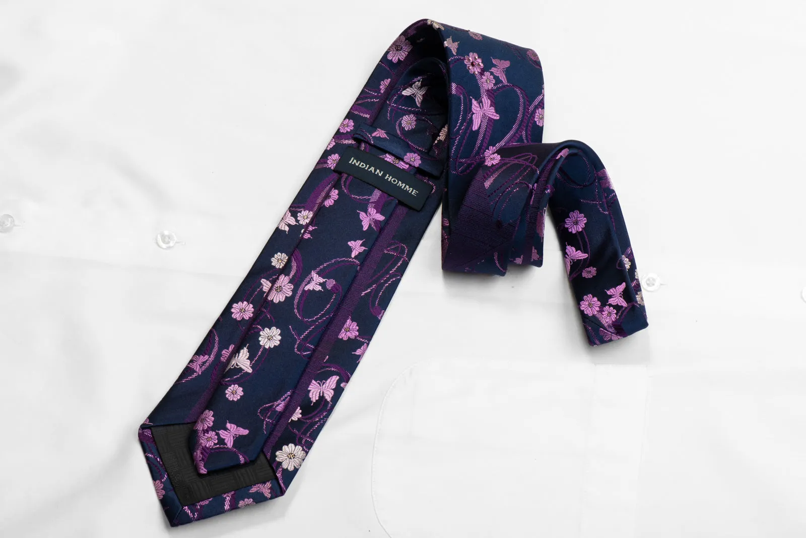 Indian Homme Rhinestone Silk Necktie Purple Butterflies & Floral On Navy With Sparkles