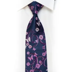 Indian Homme Rhinestone Silk Necktie Purple Butterflies & Floral On Navy With Sparkles