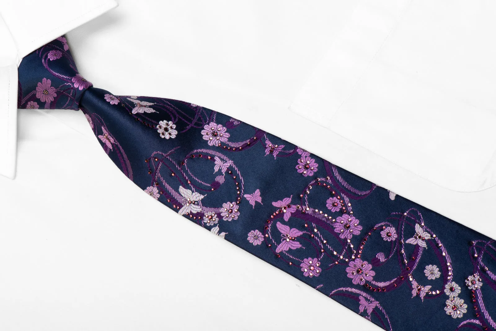 Indian Homme Rhinestone Silk Necktie Purple Butterflies & Floral On Navy With Sparkles