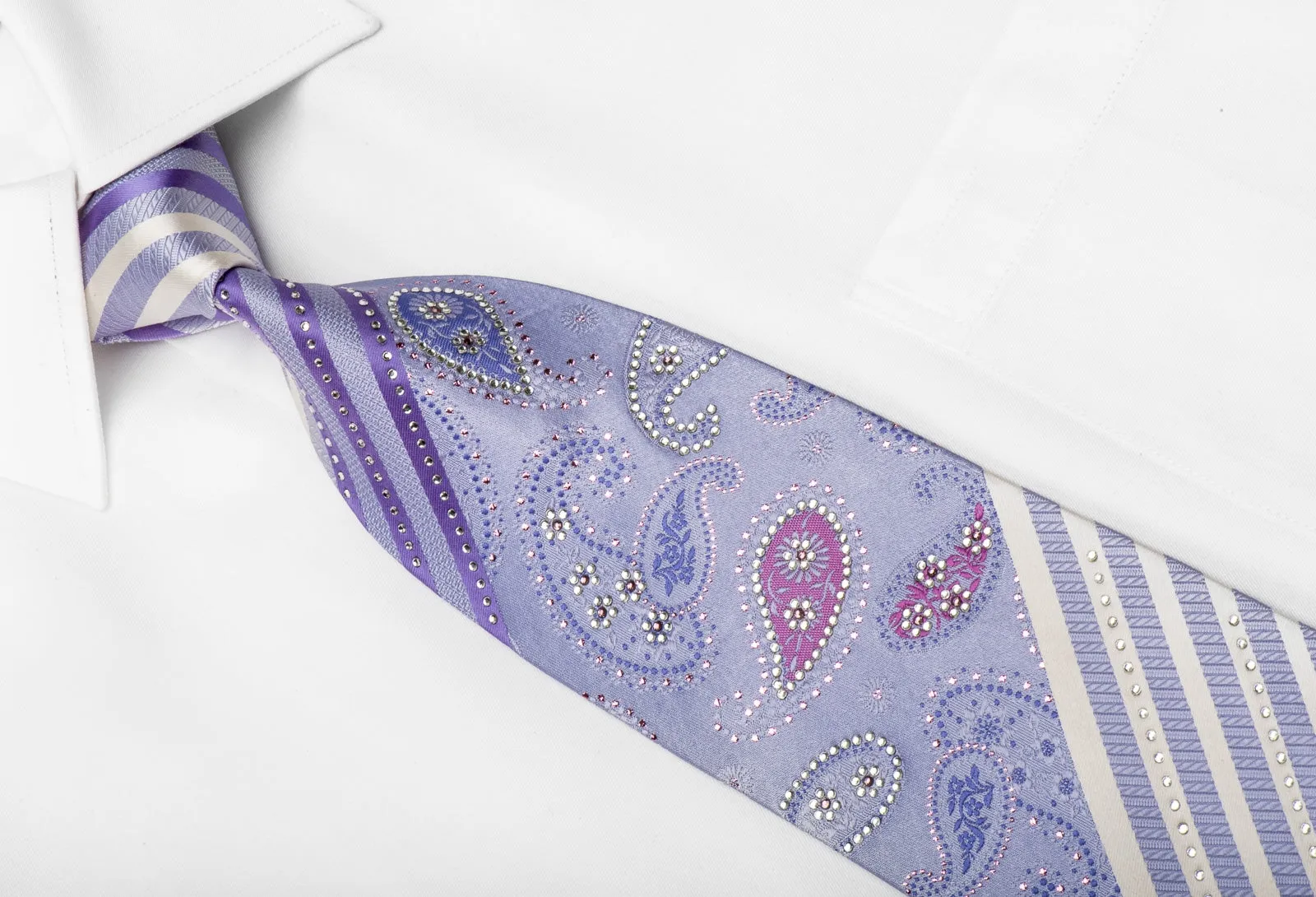 Jace Men's Crystal Rhinestone Silk Necktie Paisley & Striped On Mauve With Sparkles