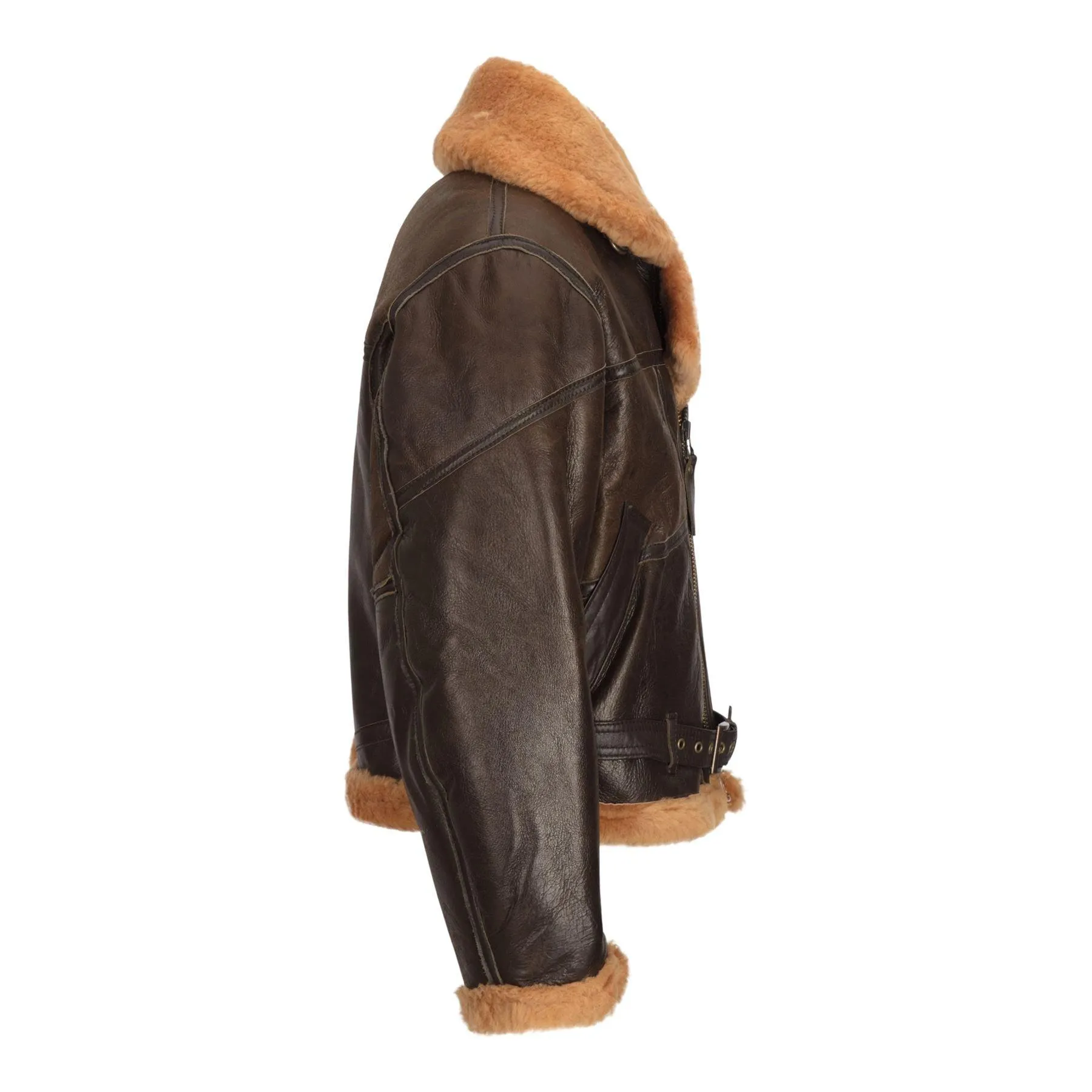 Ladies Brown Real Sheepskin Flying Jacket Camel Fur Belt Vintage Zipped Winter