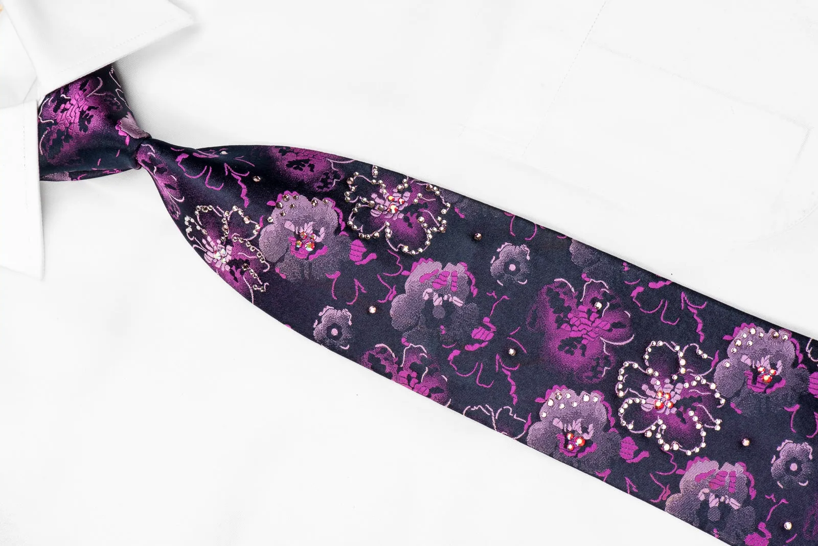 Lancetti Men's Crystal Silk Necktie Purple Floral On Navy Sparkling With Rhinestones