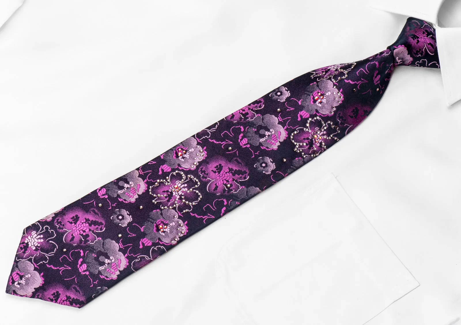 Lancetti Men's Crystal Silk Necktie Purple Floral On Navy Sparkling With Rhinestones