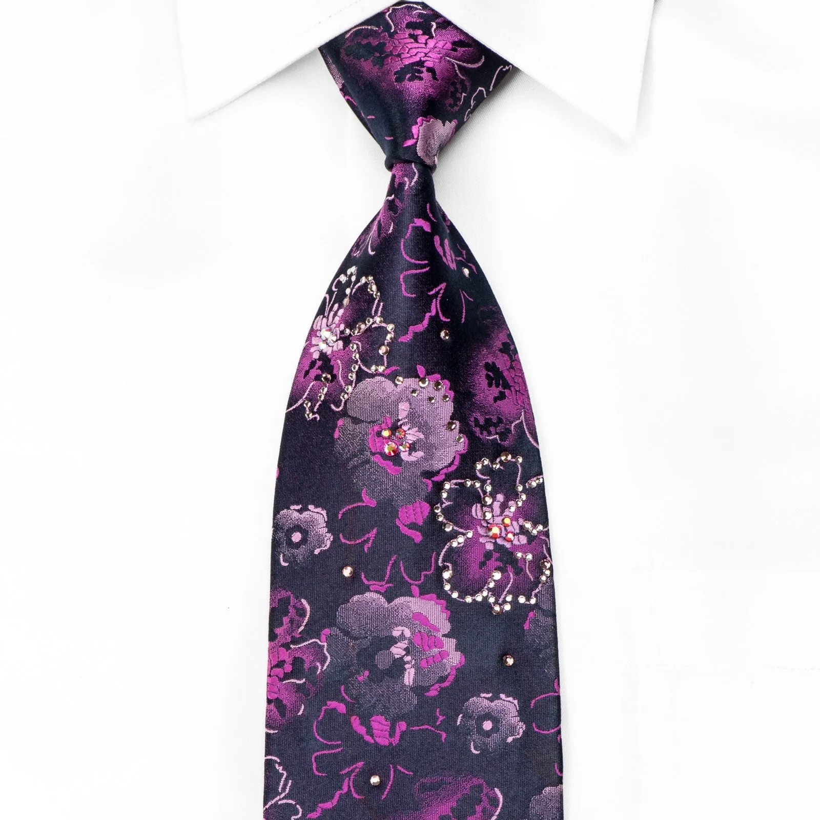 Lancetti Men's Crystal Silk Necktie Purple Floral On Navy Sparkling With Rhinestones