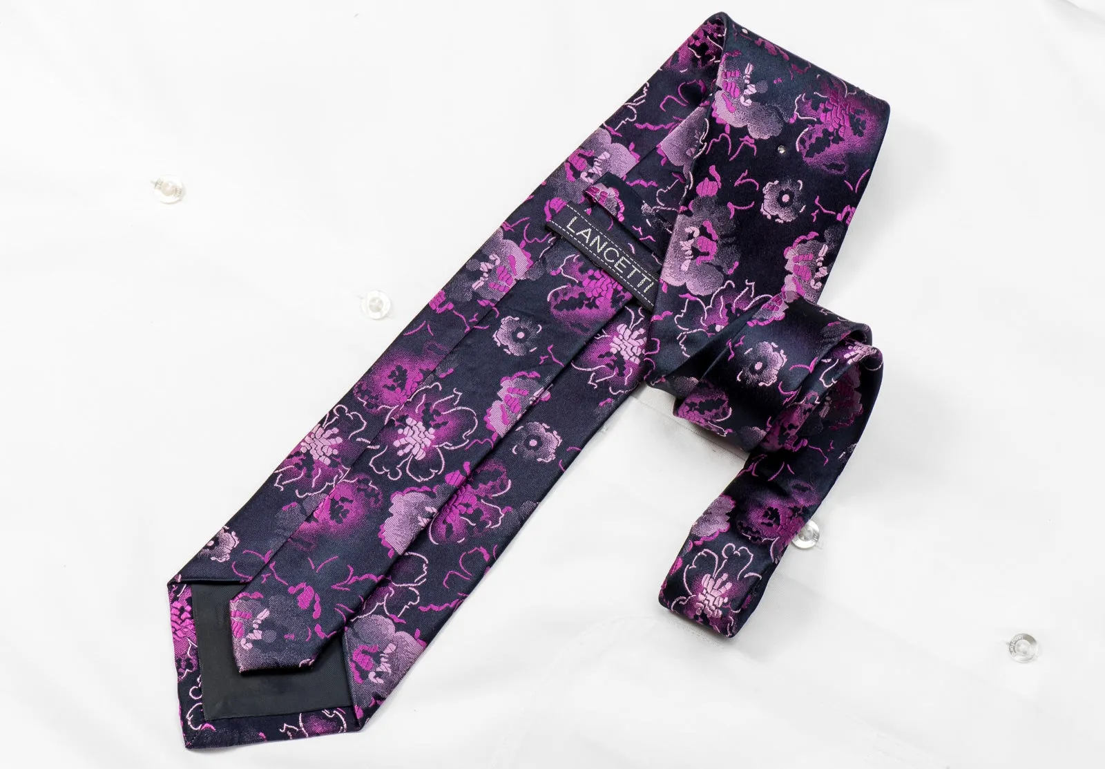 Lancetti Men's Crystal Silk Necktie Purple Floral On Navy Sparkling With Rhinestones