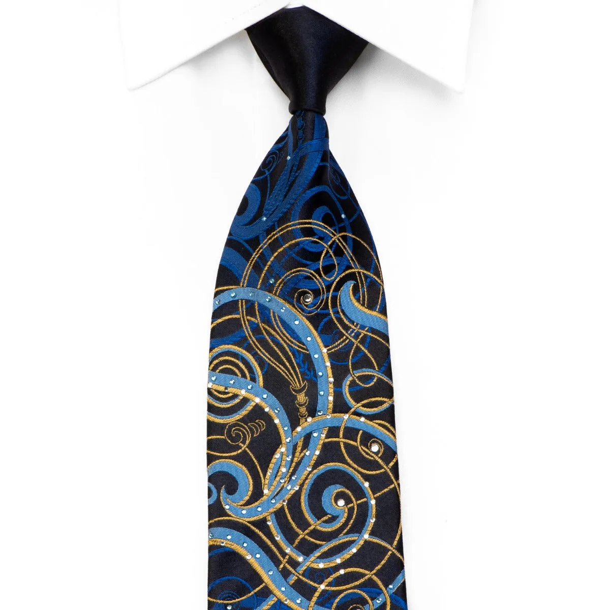 Lancetti Rhinestone Silk Necktie Blue Gold Scrolls On Navy With Sparkles