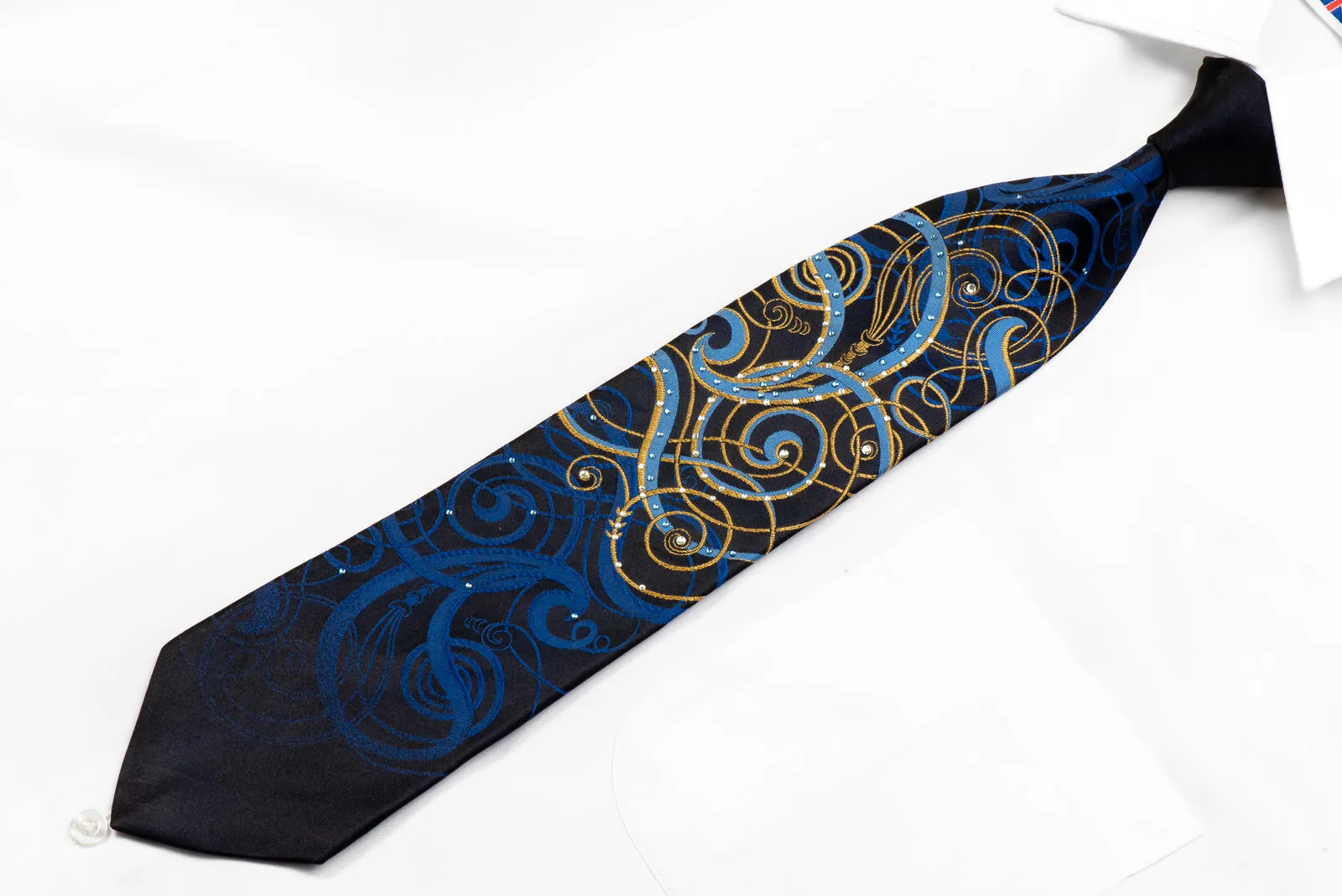 Lancetti Rhinestone Silk Necktie Blue Gold Scrolls On Navy With Sparkles