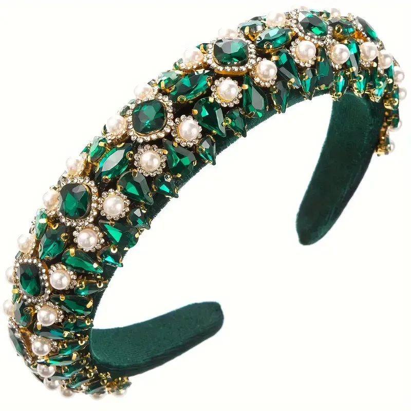 Luxurious Baroque Padded Velvet Rhinestone & Pearl  Ladies Women Headband - Emerald Green ((Style 3))