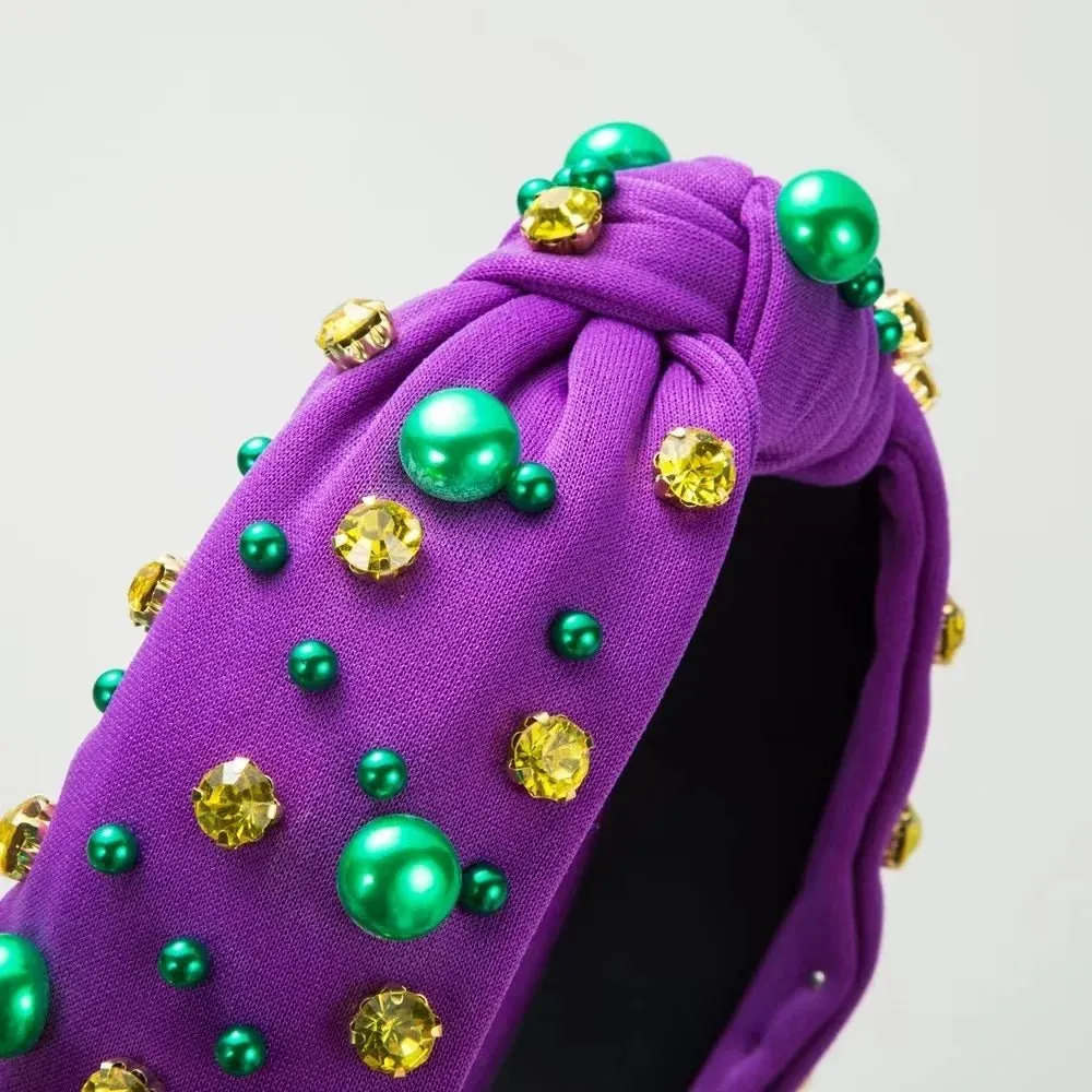 Mardi Gras Pearl Embellished Knotted Headband