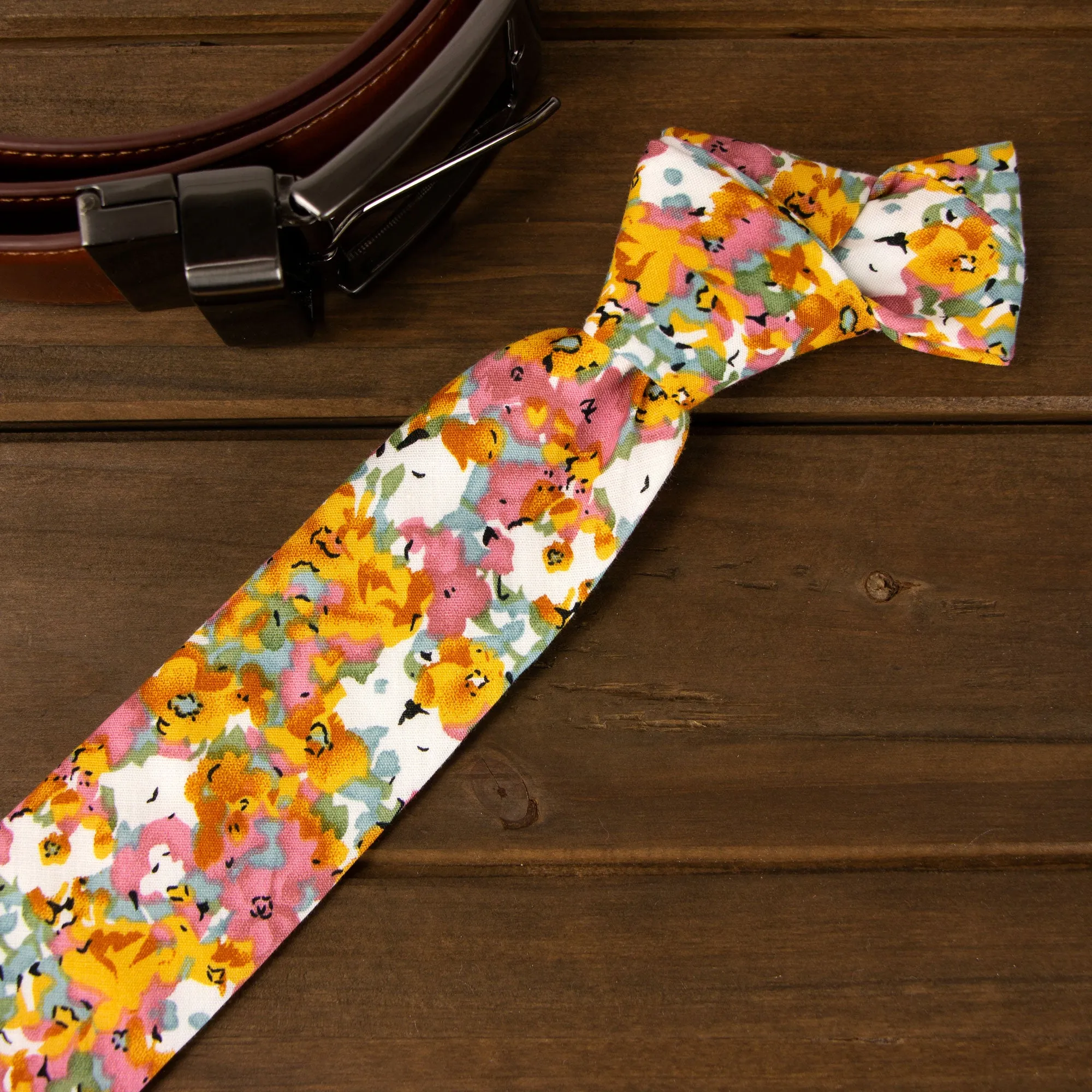 Men's Cotton Printed Floral Skinny Tie, Mustard/Pink (Color F68)