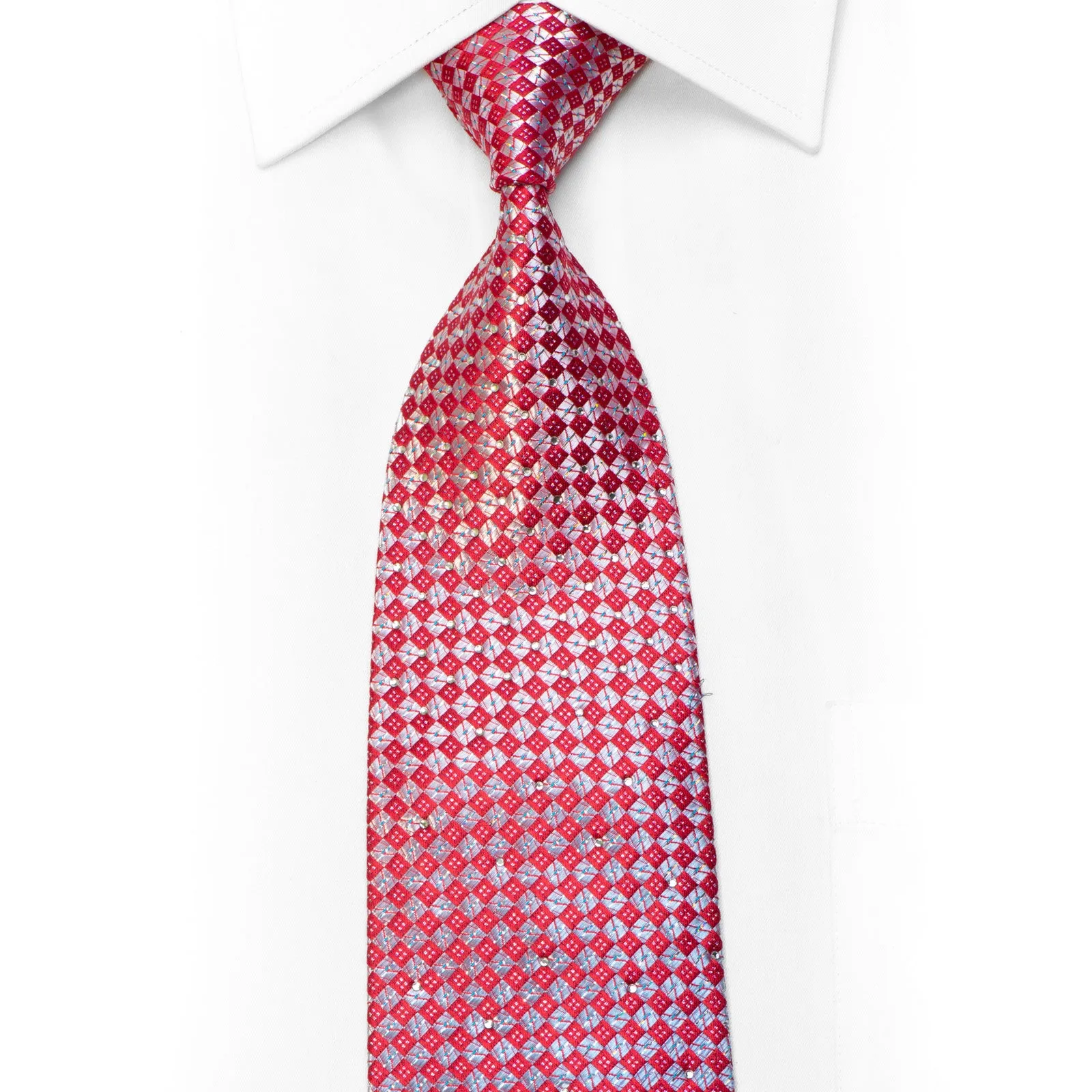 Mens Silk Necktie Silver Red Checkered With Silver Sparkles