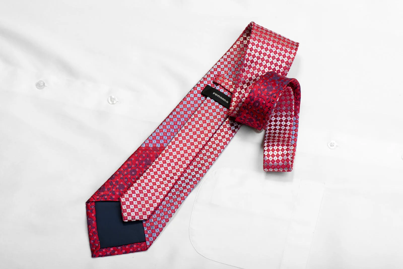 Mens Silk Necktie Silver Red Checkered With Silver Sparkles