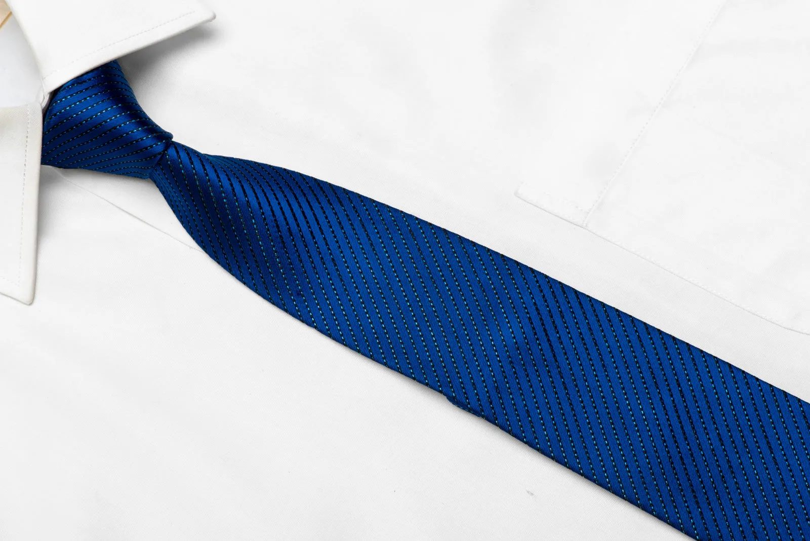 Men's Skinny Silk Necktie Blue Black Striped With Blue Metallic Sparkles