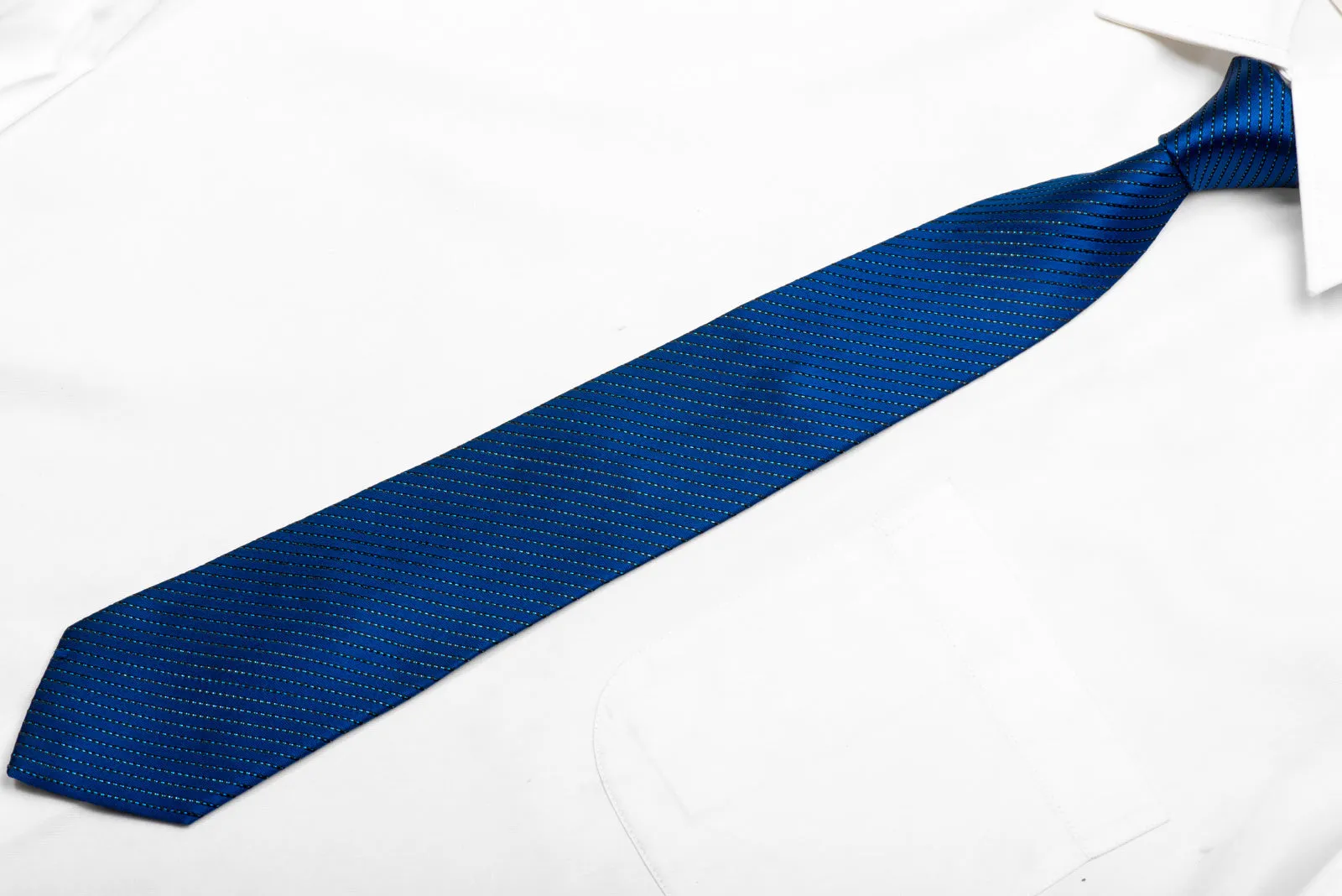 Men's Skinny Silk Necktie Blue Black Striped With Blue Metallic Sparkles