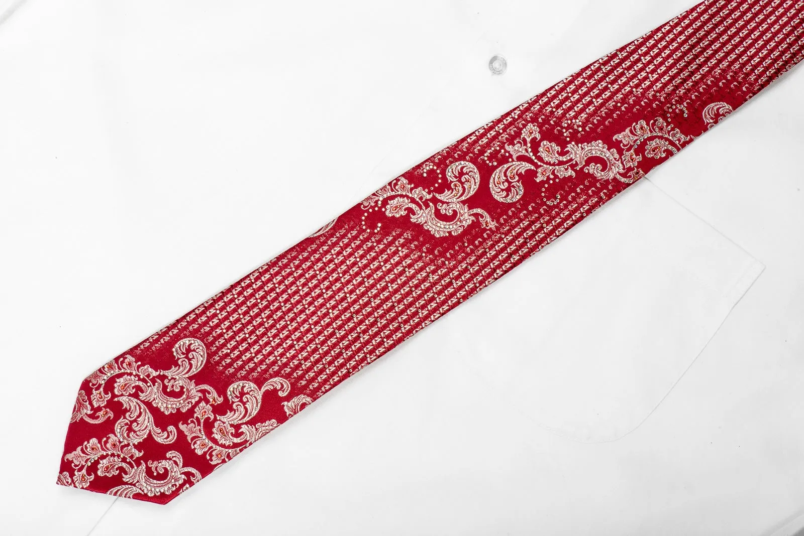 Mila Schon Mens Crystal Rhinestone Silk Necktie Silver Acanthus On Red With Sparkles