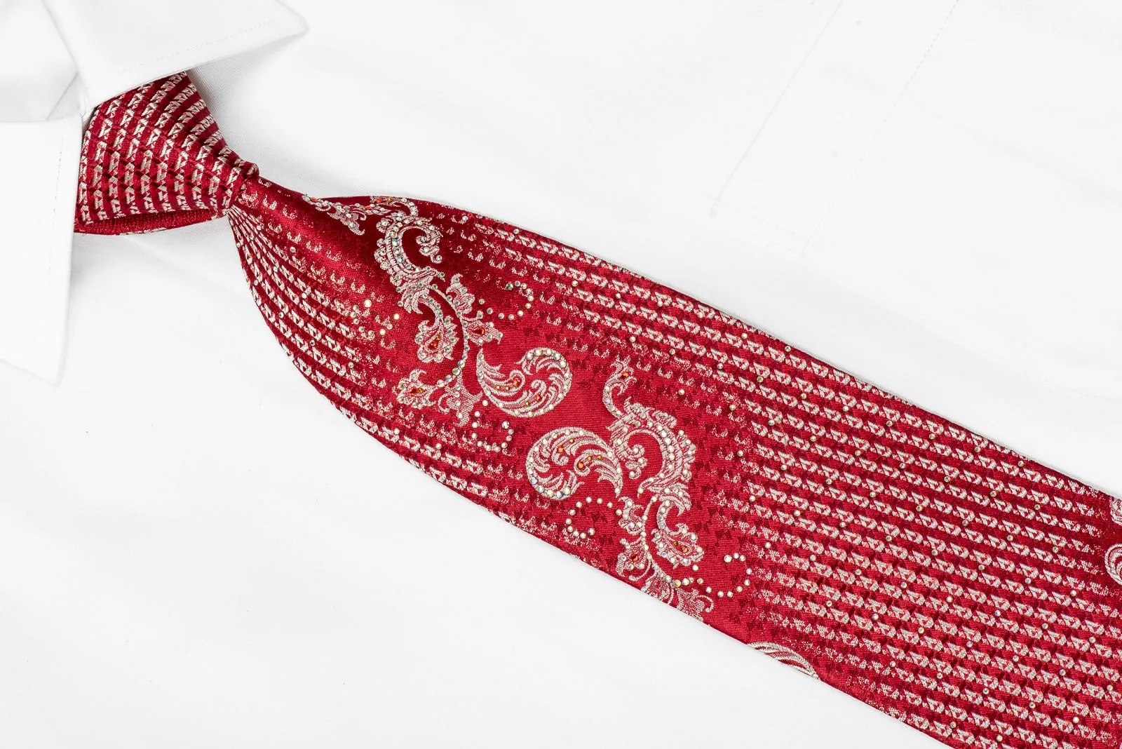 Mila Schon Mens Crystal Rhinestone Silk Necktie Silver Acanthus On Red With Sparkles