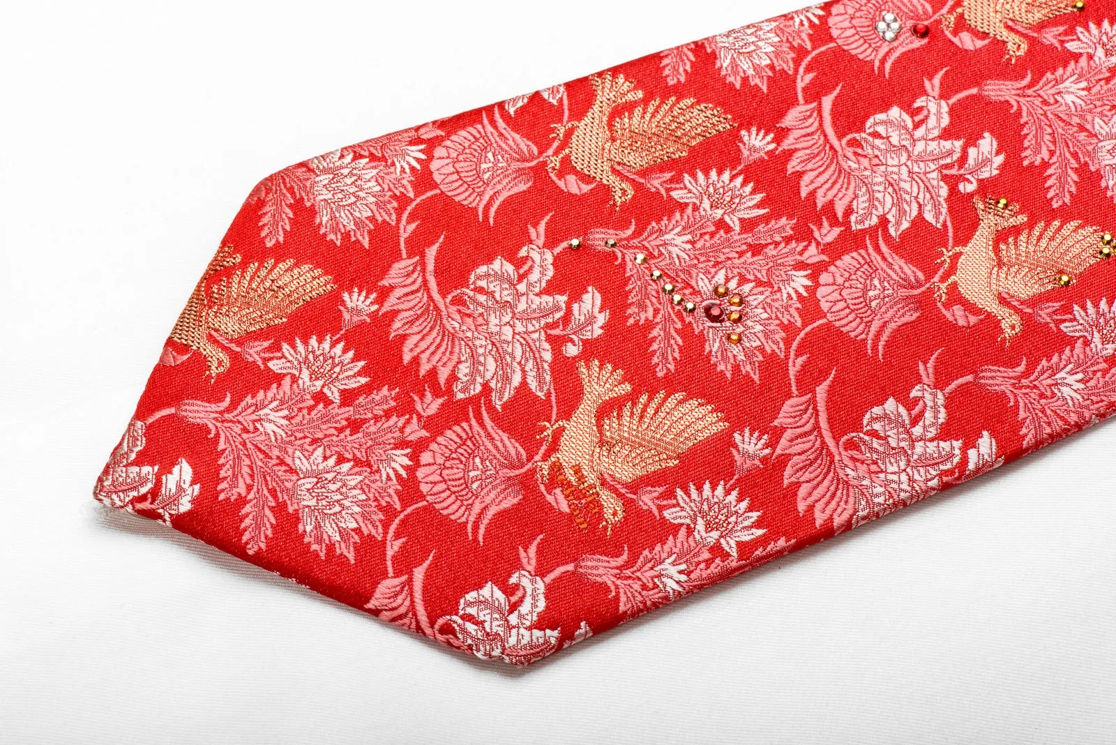 Mila Schon Men's Crystal Rhinestone Silk Neckties Gold Birds & Floral On Red With Gold Sparkles