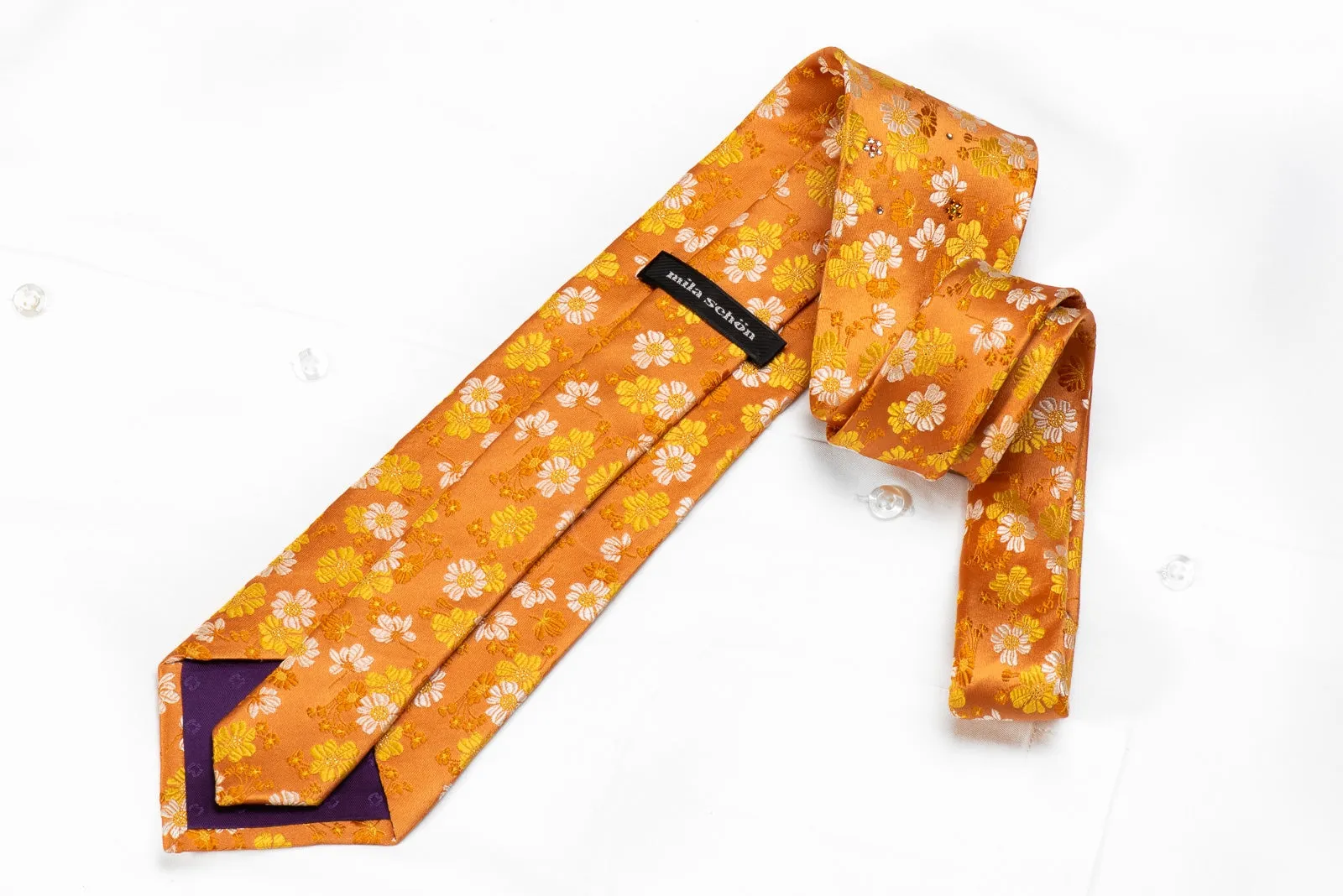 Mila Schon Mens Crystal Silk Necktie Floral On Orange With Silver Sparkles