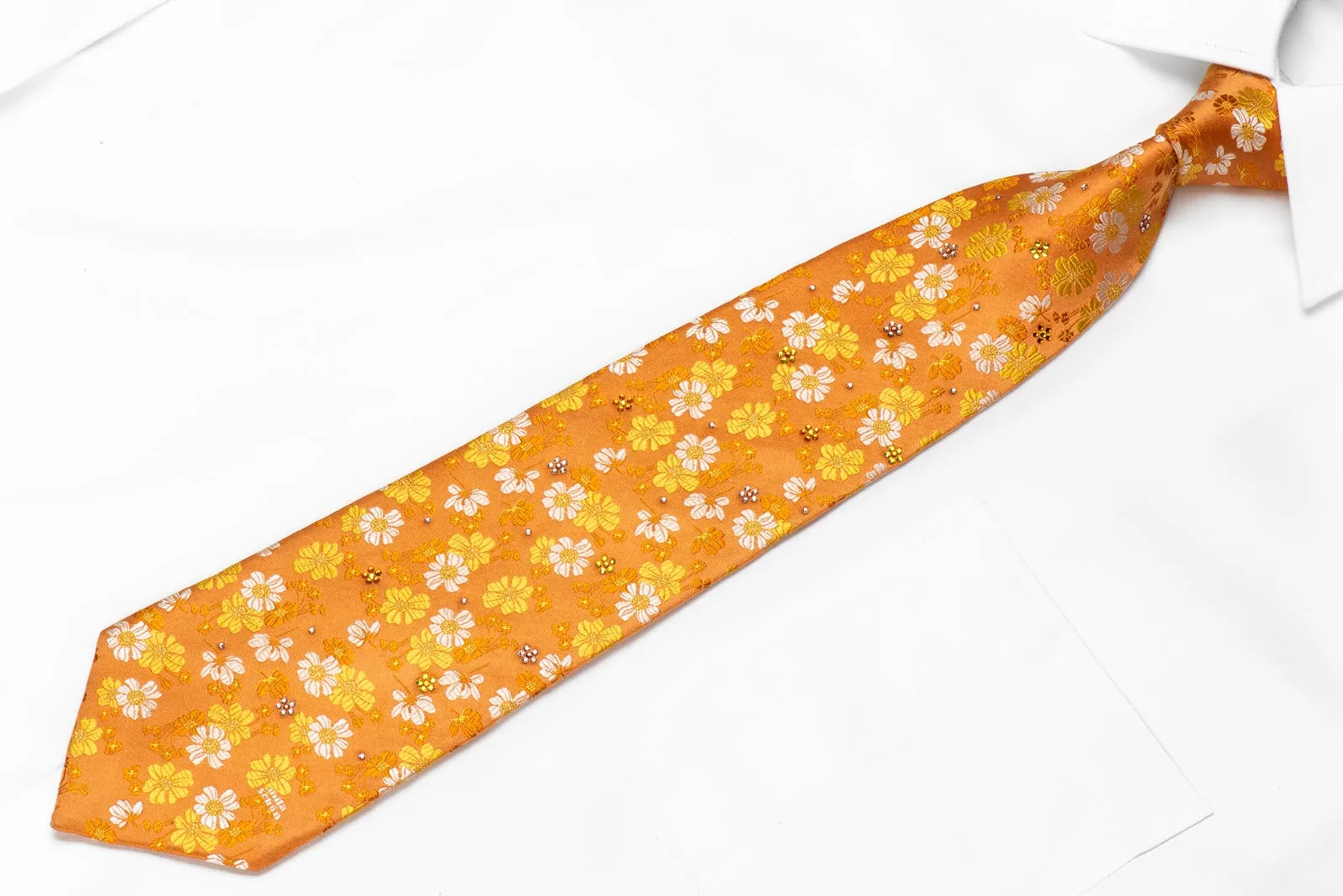 Mila Schon Mens Crystal Silk Necktie Floral On Orange With Silver Sparkles