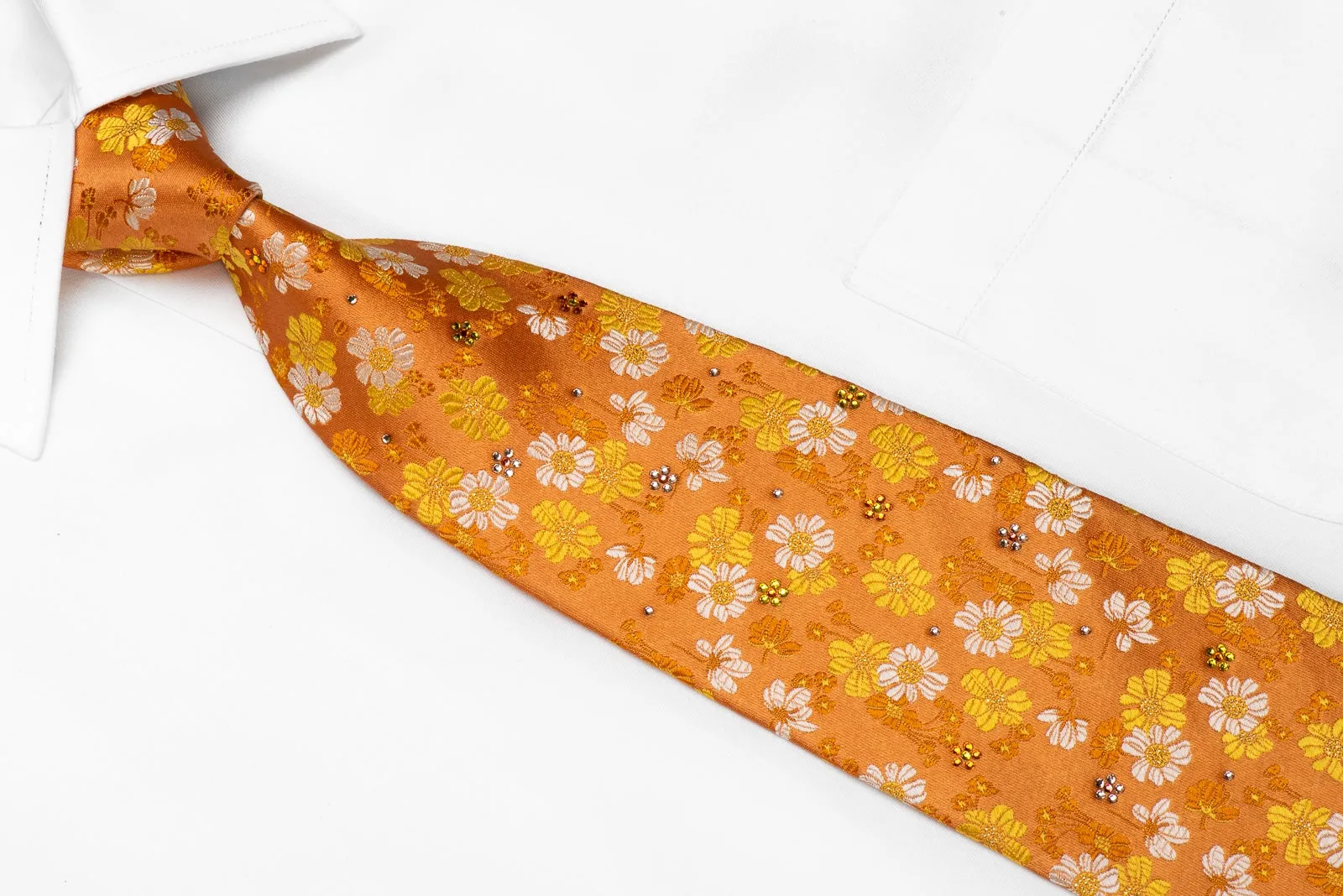 Mila Schon Mens Crystal Silk Necktie Floral On Orange With Silver Sparkles