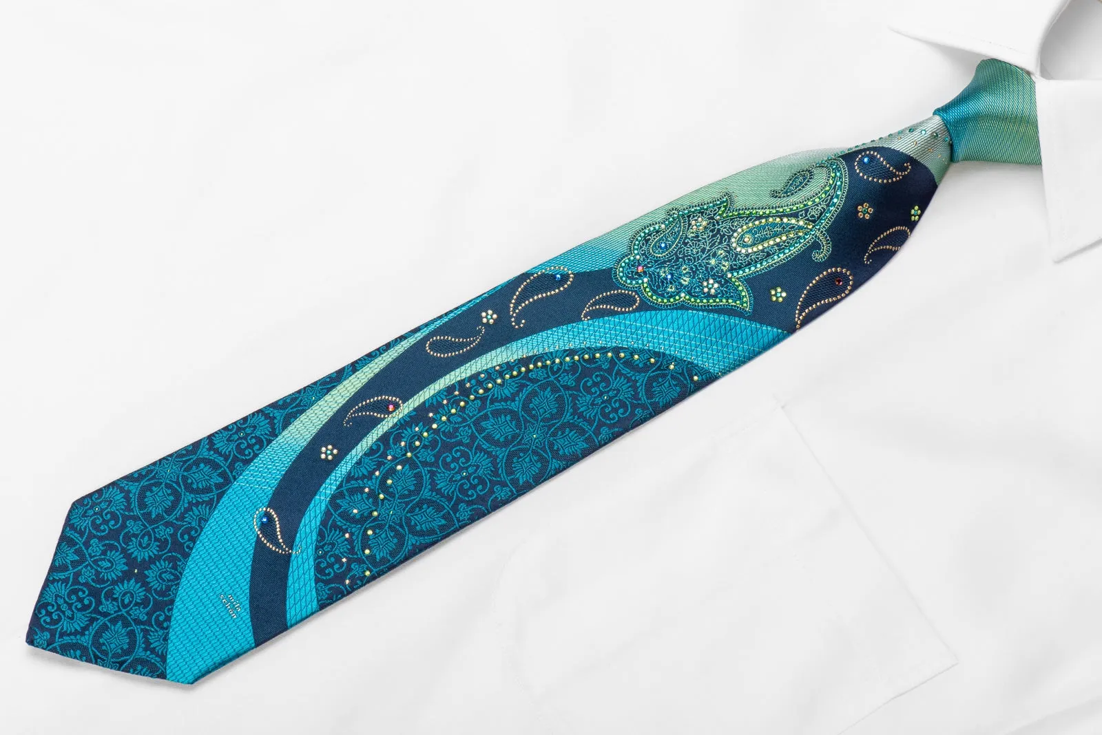 Mila Schon Men's Crystal Silk Tie Turquoise Boteh Paisley On Blue With Sparkles