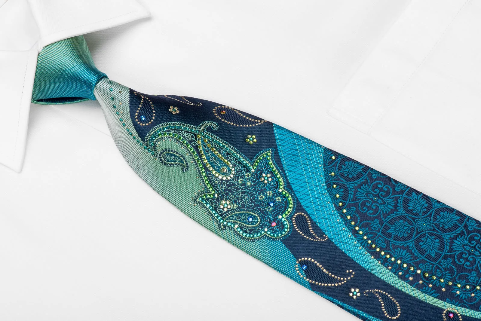 Mila Schon Men's Crystal Silk Tie Turquoise Boteh Paisley On Blue With Sparkles