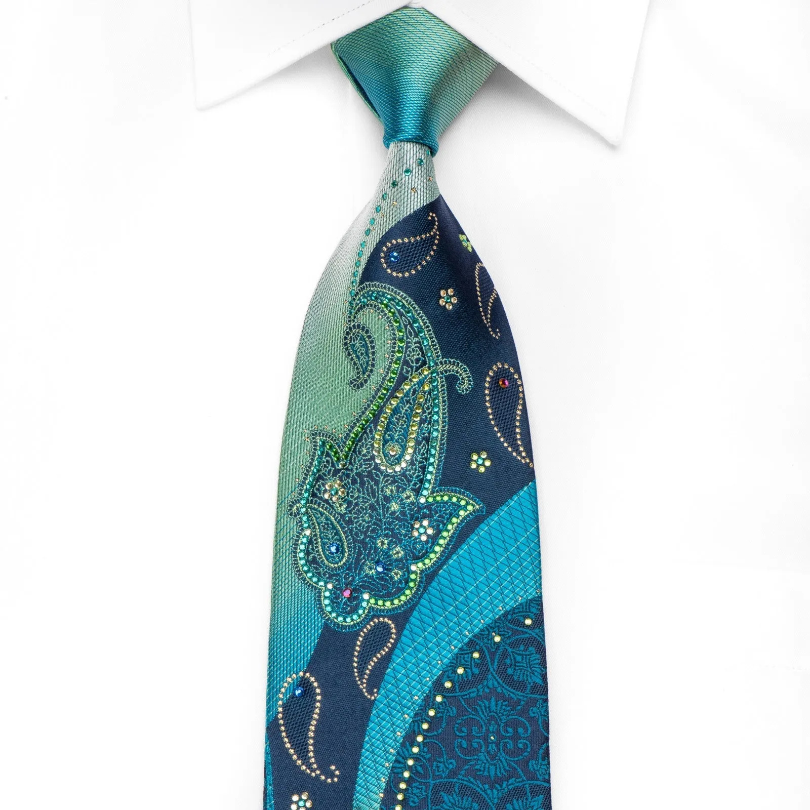 Mila Schon Men's Crystal Silk Tie Turquoise Boteh Paisley On Blue With Sparkles