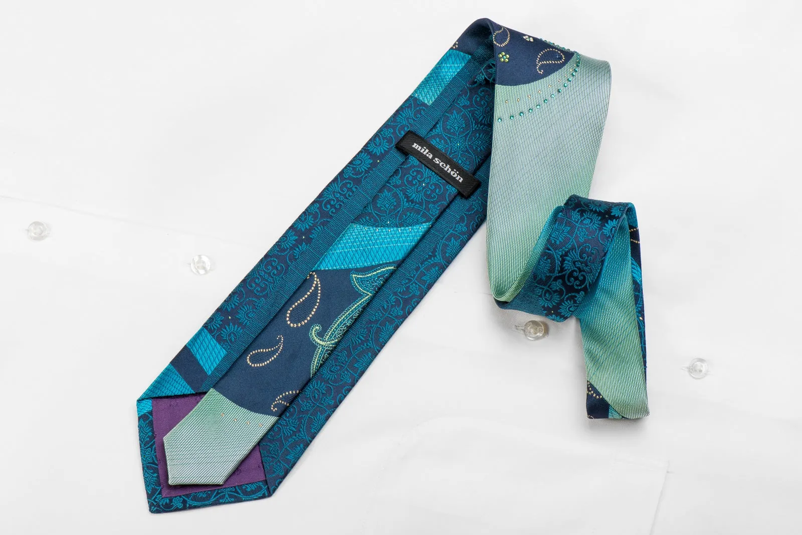 Mila Schon Men's Crystal Silk Tie Turquoise Boteh Paisley On Blue With Sparkles