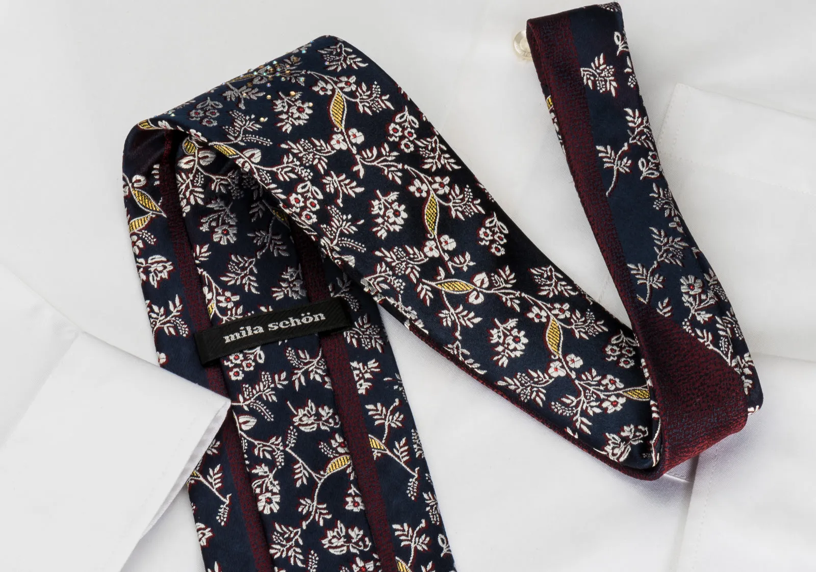 Mila Schon Rhinestone Silk Necktie Floral On Navy Blue With Golden Sparkles