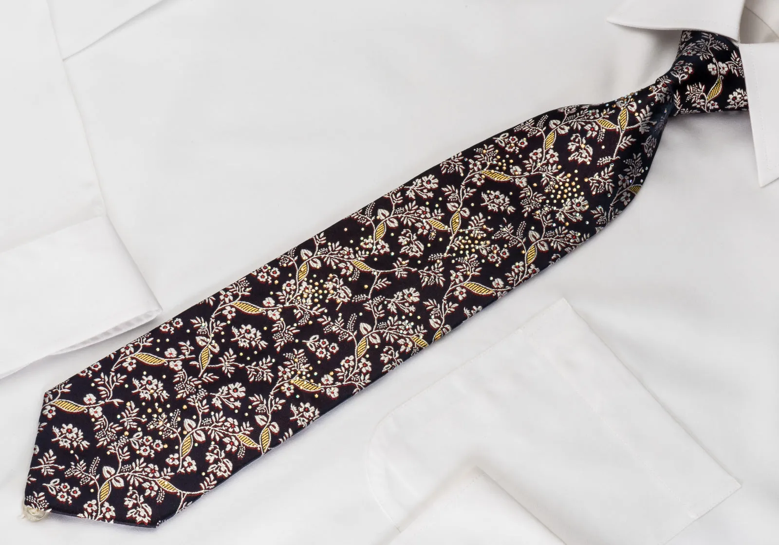 Mila Schon Rhinestone Silk Necktie Floral On Navy Blue With Golden Sparkles