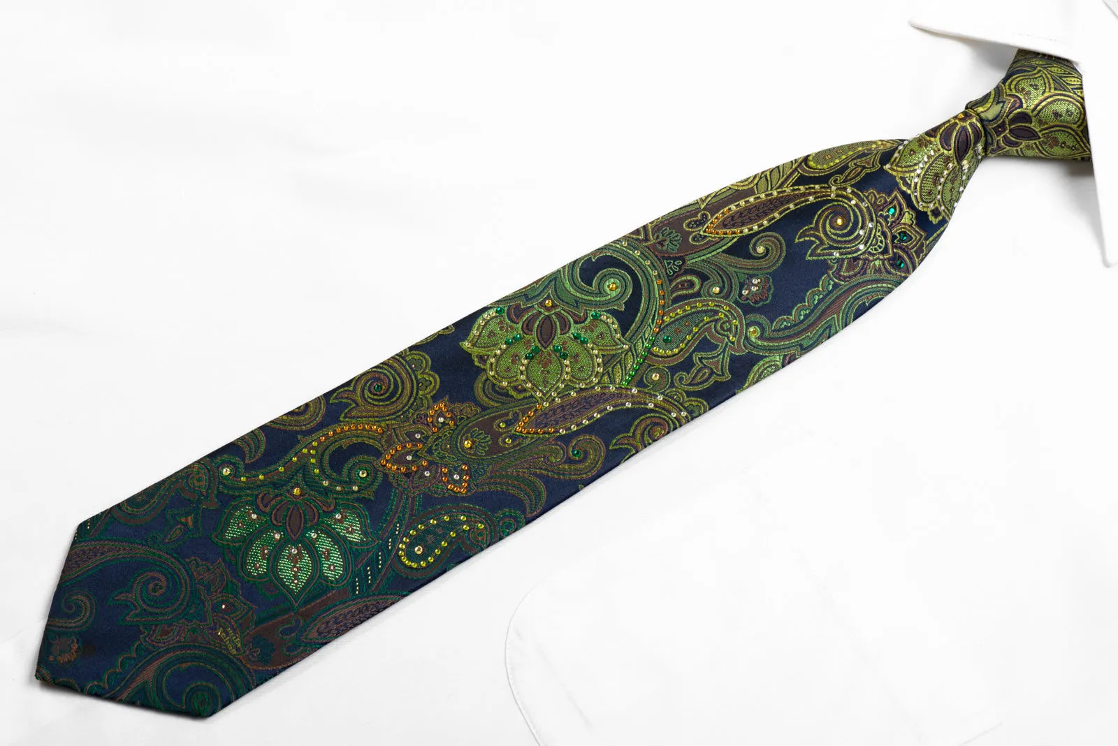 Mila Schon Silk Necktie Green Paisley On Navy With Sparkles & Rhinestones