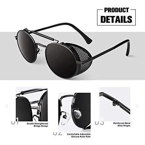 MSUNXPRO™ Polarized Steampunk Sunglasses - Retro Round Side Shield Metal Goggles