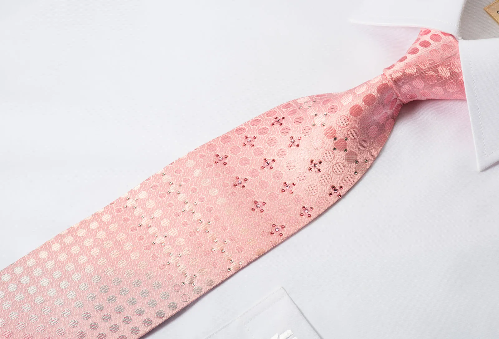 Nina Ricci Rhinestone Silk Necktie Silver Dots On Pink With Pink Sparkles