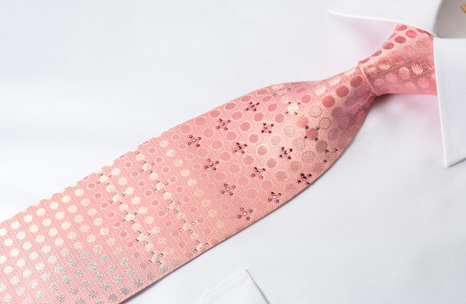 Nina Ricci Rhinestone Silk Necktie Silver Dots On Pink With Pink Sparkles