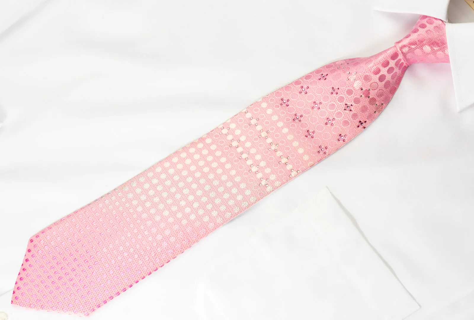 Nina Ricci Rhinestone Silk Necktie Silver Dots On Pink With Pink Sparkles